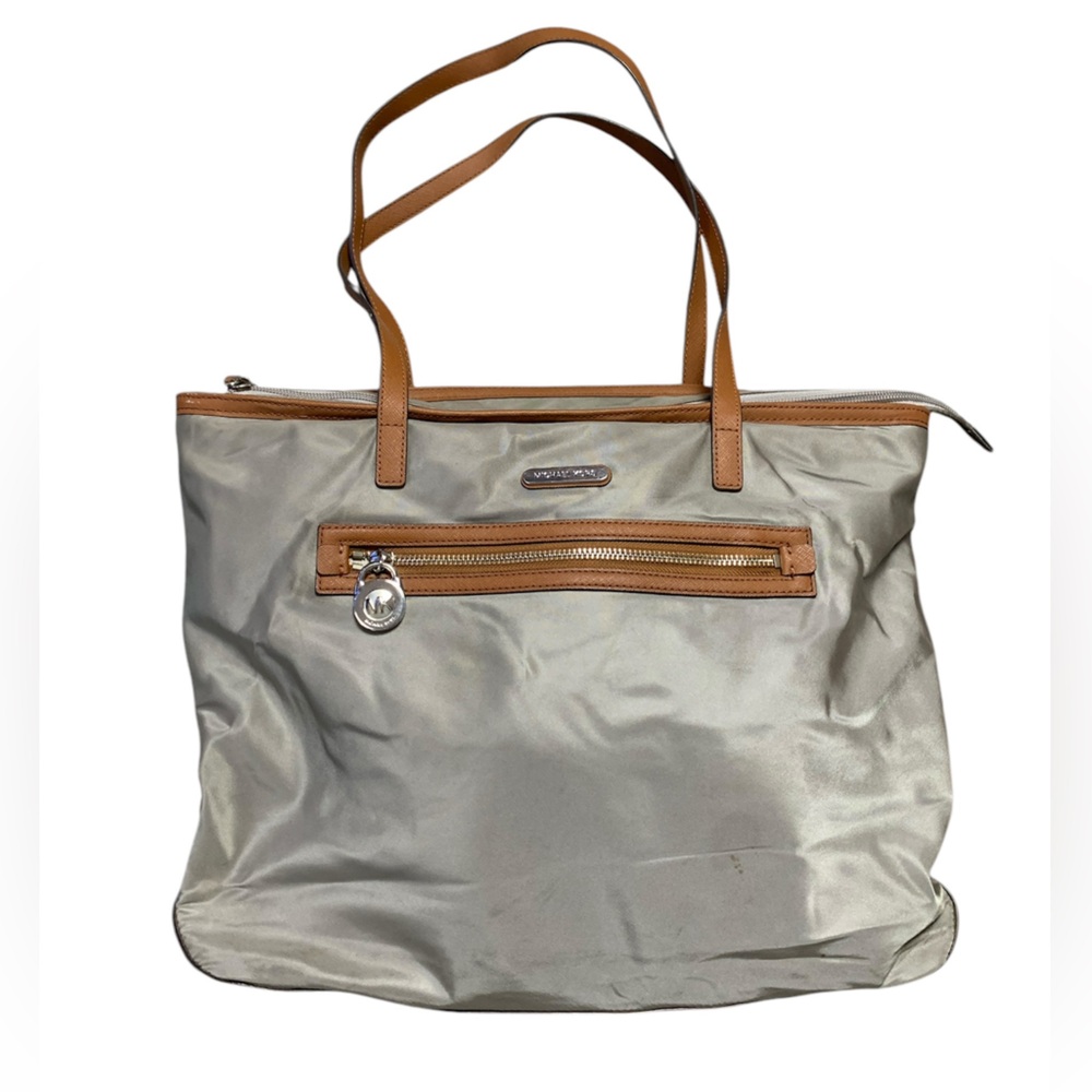 Michael Kors Silver Nylon‎ Tote Bag Tan Leather Trim Large Shoulder Bag